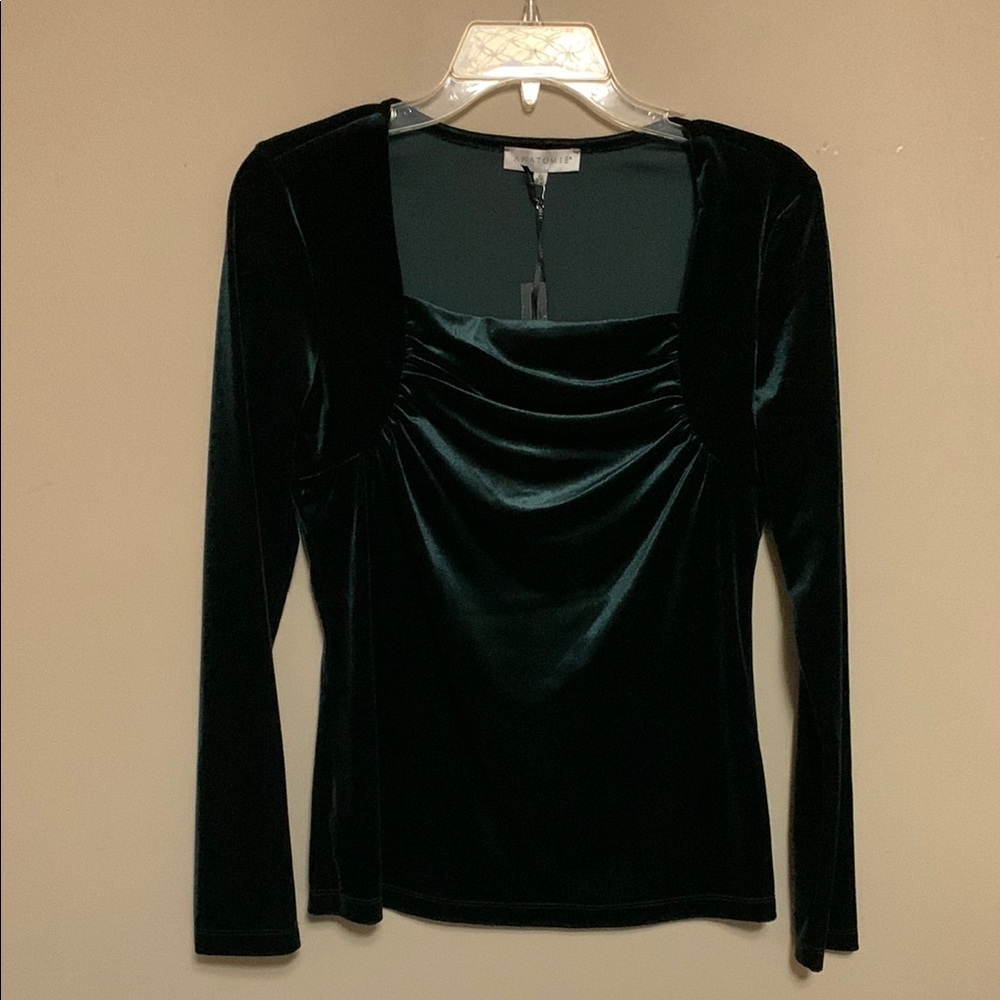 Anatomie Women’s Calliope Ruching Velvet Emerald Green LS Evening Blouse SZ S